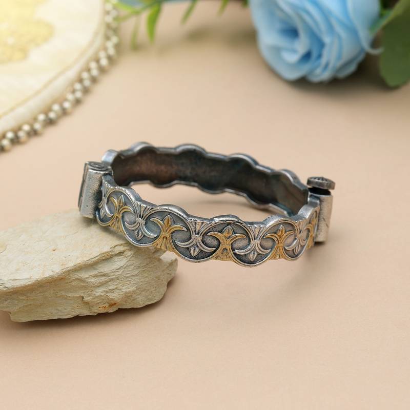 Gold & silver color two tone oxidised openable bracelet