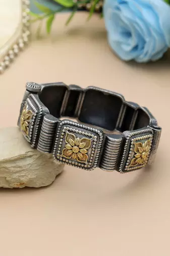 Gold & silver color two tone oxidised openable bracelet