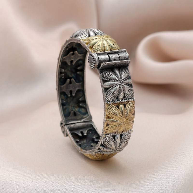Gold & silver color two tone oxidised openable bracelet