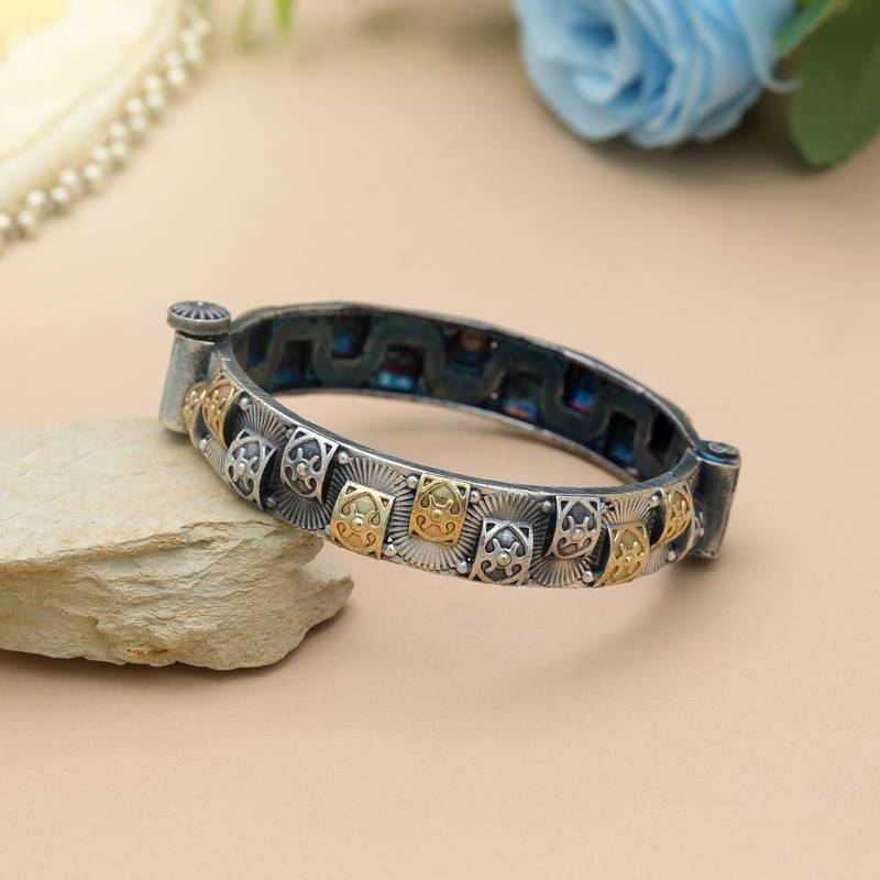 Gold & silver color two tone oxidised openable bracelet