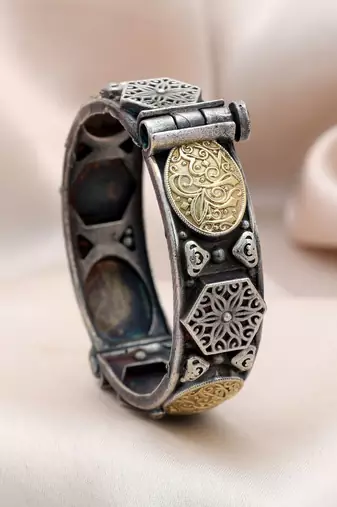 Gold & silver color two tone oxidised openable bracelet