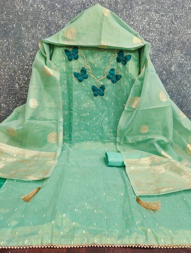 Elegant butterfly embroidered kasa silk dress material set with silk dupatta