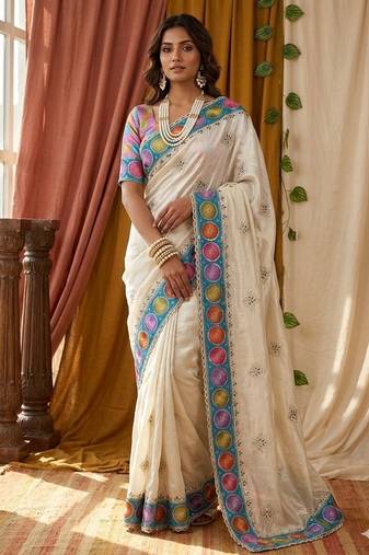 Ivory Color embroidery sequence work Silk Blend Saree