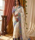 Ivory Color embroidery sequence work Silk Blend Saree