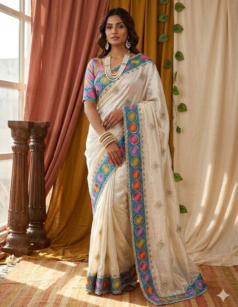 Ivory Color embroidery sequence work Silk Blend Saree