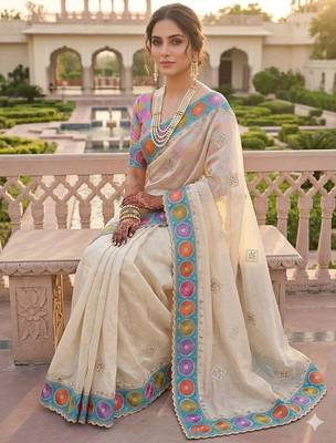 Ivory Color embroidery sequence work Silk Blend Saree 2
