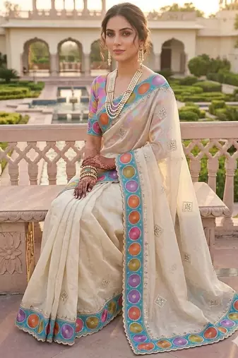 Ivory Color embroidery sequence work Silk Blend Saree