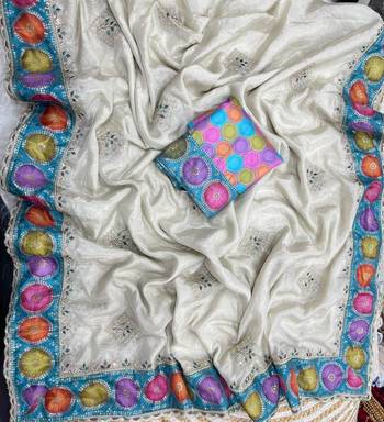 Ivory Color embroidery sequence work Silk Blend Saree 3