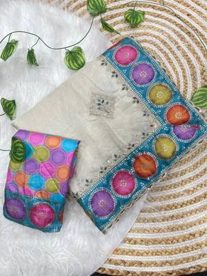 Ivory Color embroidery sequence work Silk Blend Saree 5