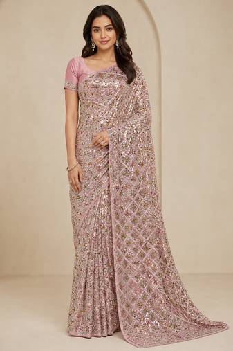 Pink color luxury dual sequin work saree with mulberry silk blouse