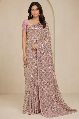 Pink color luxury dual sequin work saree with mulberry silk blouse