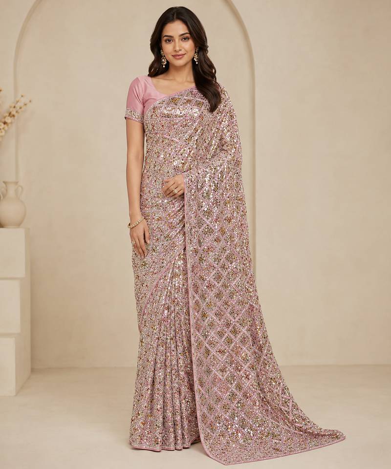 Pink color luxury dual sequin work saree with mulberry silk blouse
