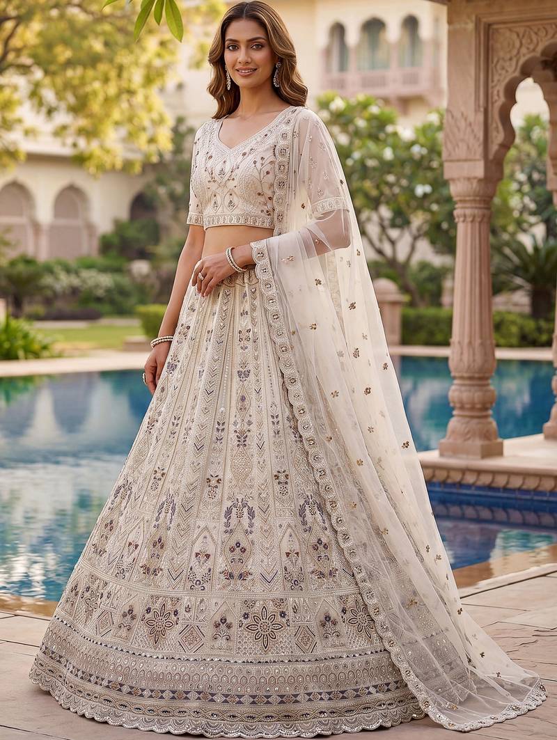 Charming Cream Embroidered Net Engagement Wear Lehenga Choli