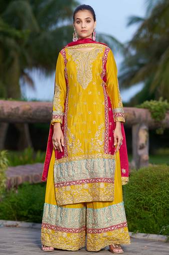 Yellow chinon stitched top with stitched chinon bottom and chinon dupatta full sleeve embroidered straight kurta