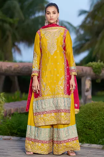 Yellow chinon stitched top with stitched chinon bottom and chinon dupatta full sleeve embroidered straight kurta