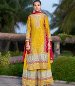Yellow chinon stitched top with stitched chinon bottom and chinon dupatta full sleeve embroidered straight kurta