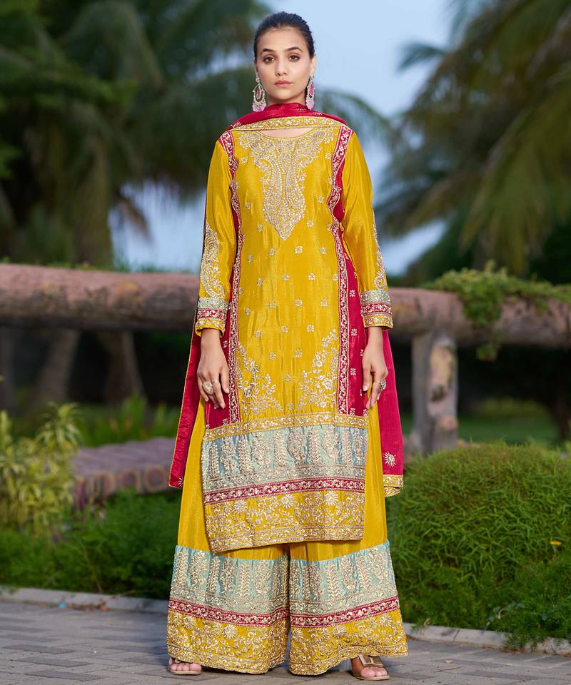 Yellow chinon stitched top with stitched chinon bottom and chinon dupatta full sleeve embroidered straight kurta