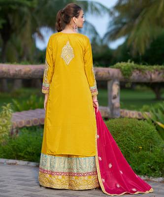 Yellow chinon stitched top with stitched chinon bottom and chinon dupatta full sleeve embroidered straight kurta 2