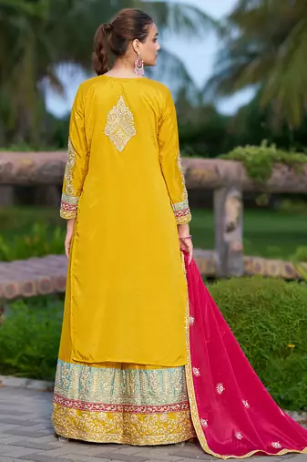 Yellow chinon stitched top with stitched chinon bottom and chinon dupatta full sleeve embroidered straight kurta