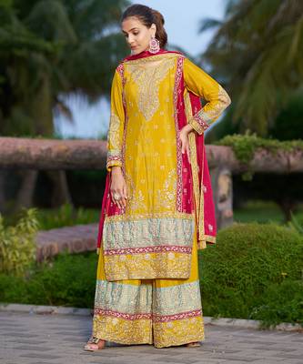 Yellow chinon stitched top with stitched chinon bottom and chinon dupatta full sleeve embroidered straight kurta 3