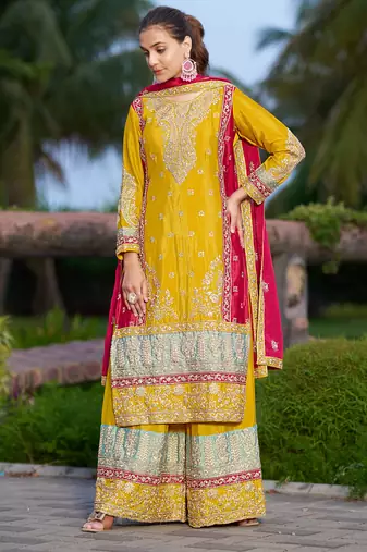 Yellow chinon stitched top with stitched chinon bottom and chinon dupatta full sleeve embroidered straight kurta