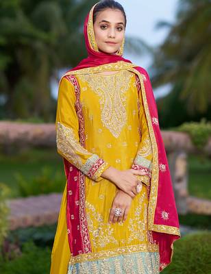 Yellow chinon stitched top with stitched chinon bottom and chinon dupatta full sleeve embroidered straight kurta 4