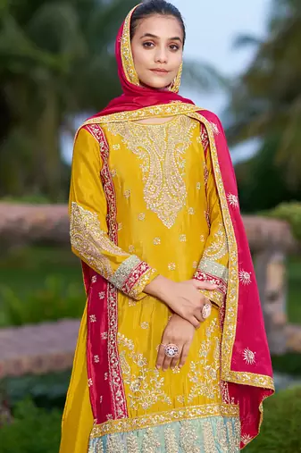 Yellow chinon stitched top with stitched chinon bottom and chinon dupatta full sleeve embroidered straight kurta