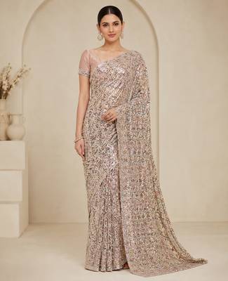 Cream color luxury dual sequin work saree with mulberry silk blouse 1