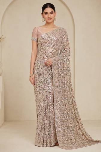 Cream color luxury dual sequin work saree with mulberry silk blouse