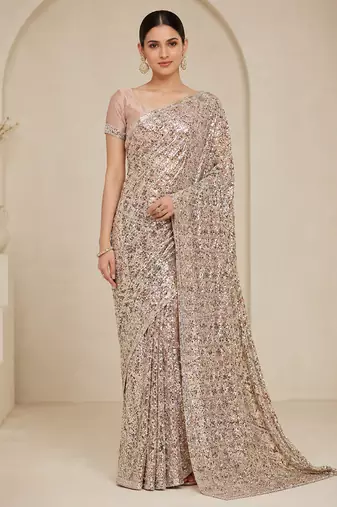 Cream color luxury dual sequin work saree with mulberry silk blouse