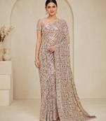 Cream color luxury dual sequin work saree with mulberry silk blouse