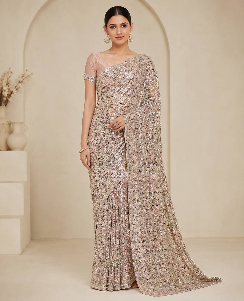Cream color luxury dual sequin work saree with mulberry silk blouse