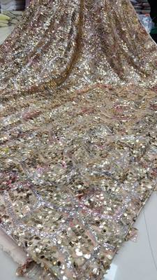 Cream color luxury dual sequin work saree with mulberry silk blouse 2
