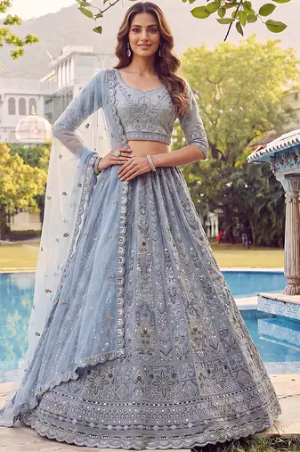 Incredible Blue Embroidered Net Party Wear Lehenga Choli with Dupatta
