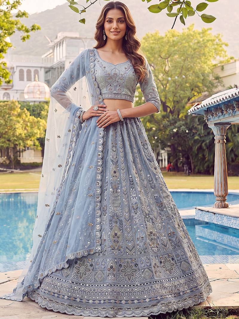 Incredible Blue Embroidered Net Party Wear Lehenga Choli with Dupatta