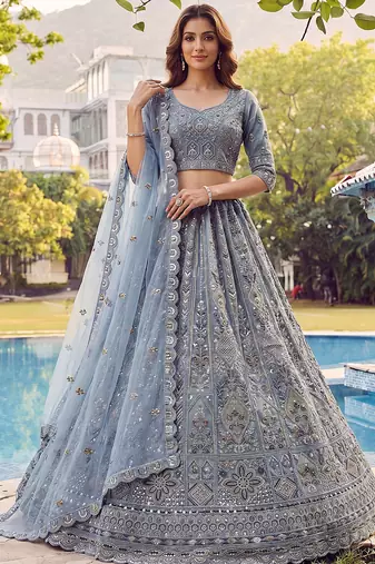 Incredible Blue Embroidered Net Party Wear Lehenga Choli with Dupatta