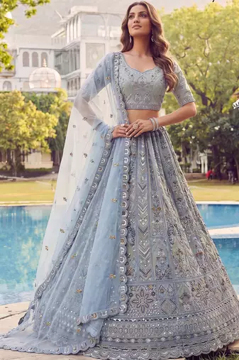 Incredible Blue Embroidered Net Party Wear Lehenga Choli with Dupatta