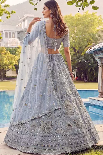 Incredible Blue Embroidered Net Party Wear Lehenga Choli with Dupatta