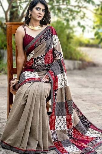 Beige & maroon printed linen blend casual saree with patchwork design & unstitched blouse