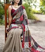Beige & maroon printed linen blend casual saree with patchwork design & unstitched blouse
