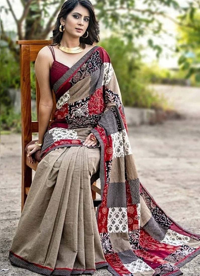 Beige & maroon printed linen blend casual saree with patchwork design & unstitched blouse