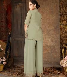 Green faux georgette half sleeve embroidered kurta palazzo set with jacket