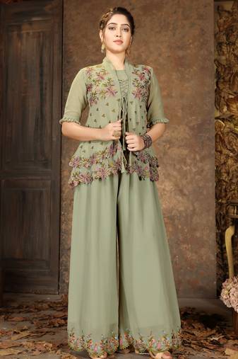 Green faux georgette half sleeve embroidered kurta palazzo set with jacket