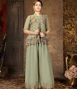 Green faux georgette half sleeve embroidered kurta palazzo set with jacket