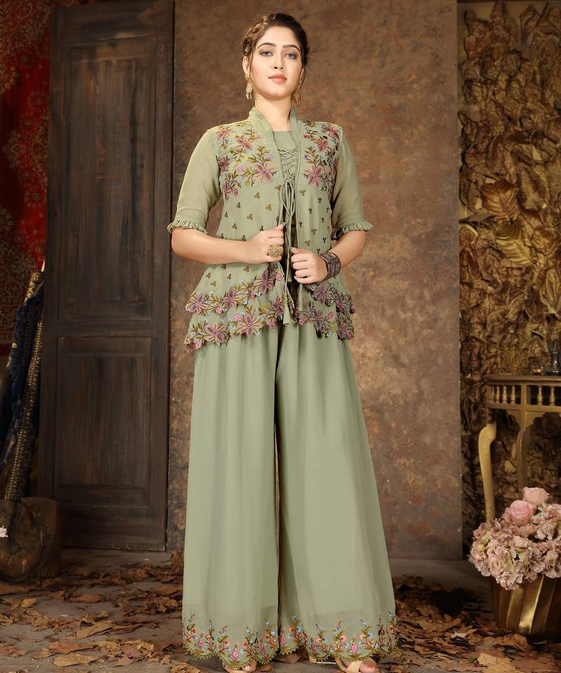 Green faux georgette half sleeve embroidered kurta palazzo set with jacket