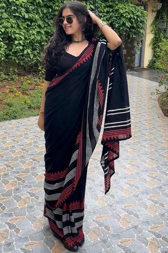 Black & red printed linen casual saree with unstitched blouse