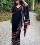 Black & red printed linen casual saree with unstitched blouse