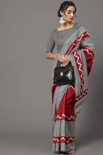 Black & red printed linen traditional saree with unstitched blouse