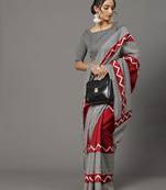 Black & red printed linen traditional saree with unstitched blouse
