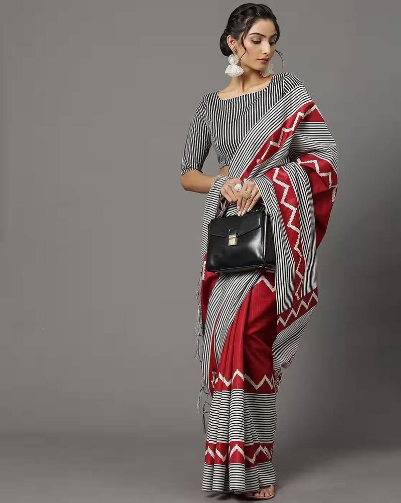 Black & red printed linen traditional saree with unstitched blouse